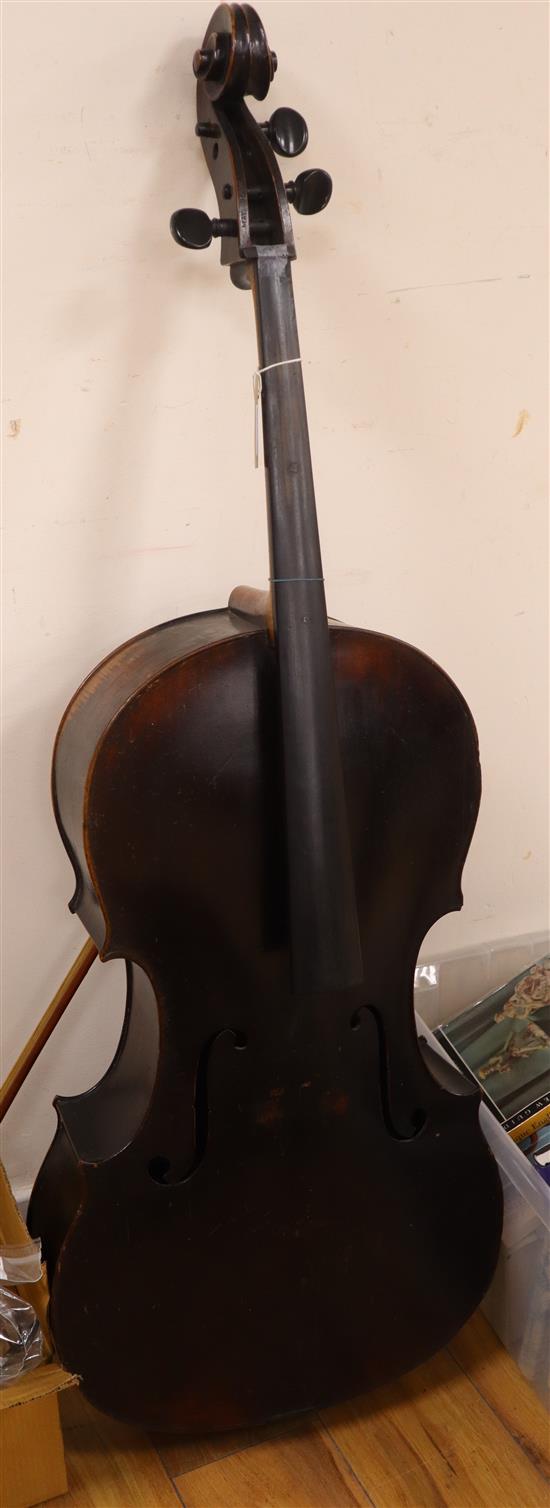 A 19th century cello with two-piece back and bow